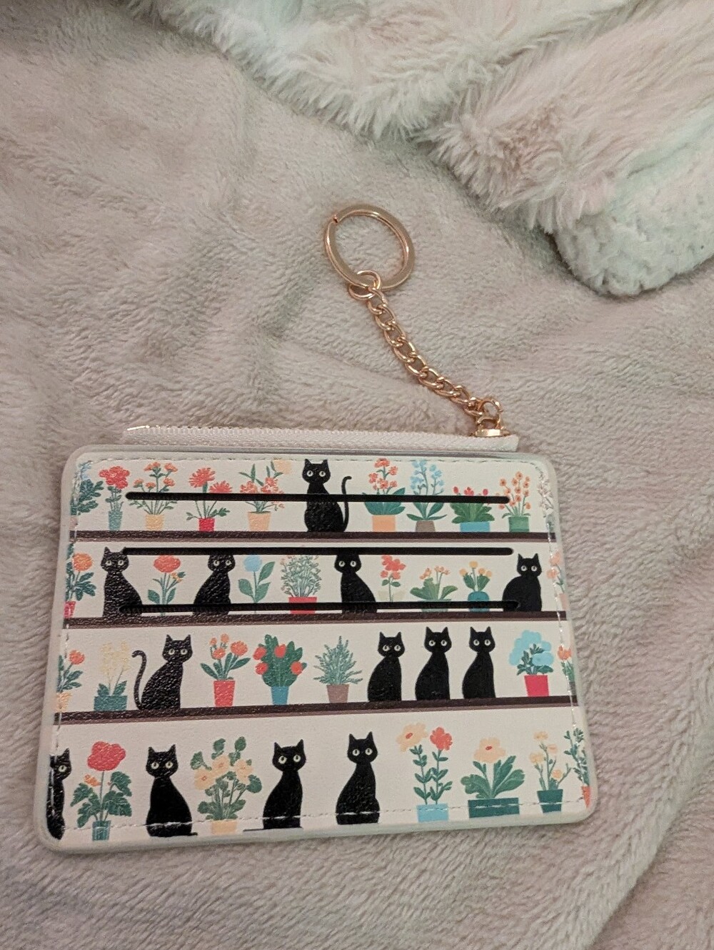 Cat & Potted Plant Zip Card Wallet - Cream with Black Cats